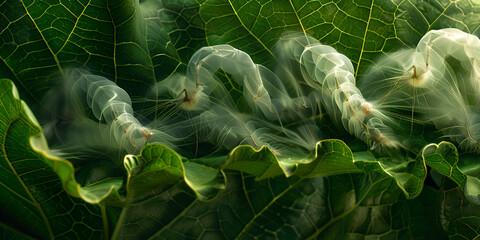 "Silkworms Spinning Silk on Green Leaves, Close-Up of Silkworms Creating Silk Fibers"
