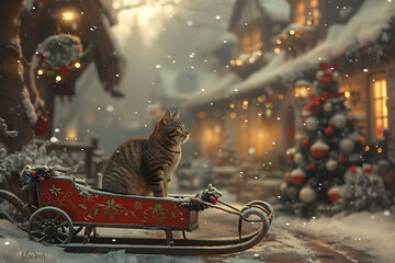 Fototapeta premium A cat relaxing in a festive sleigh next to a snow-covered cottage.