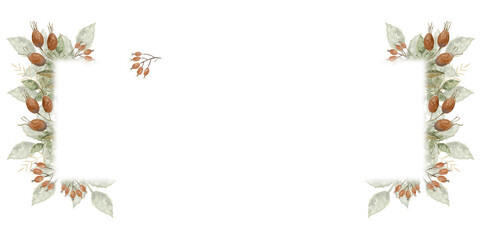 Watercolor frame with red dogrose berries