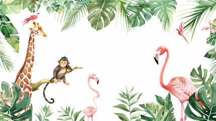 Naklejka premium Watercolor Illustration of Jungle Animals and Tropical Foliage