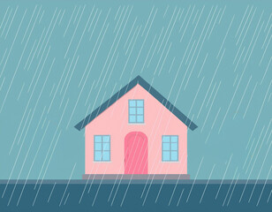 雨の日のシンプルな一戸建ての家