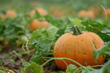 Closeup photo of a big ripe pumpkin in the garden on a rainy day