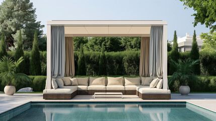 A luxurious outdoor lounge area with a swimming pool and a covered patio furnished with a large sectional sofa and a coffee table