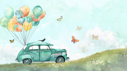 Whimsical Car with Balloons and Butterflies in Pastel Landscape