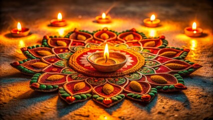 Vibrant orange and red rangoli design on rustic textured surface illuminated by warm glow of oil-filled terracotta diya at dusk.