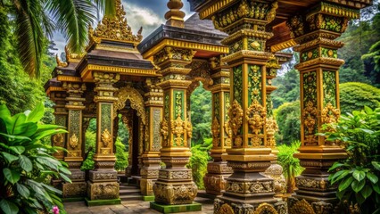 Fototapeta premium Ancient intricate ornate temple pillars with gold accents, surrounded by lush greenery, symbolizing wisdom and divine appointment.
