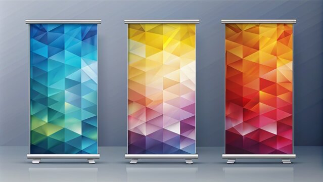 Modern abstract geometric background with sleek roll-up brochure flyer banner design featuring vertical template in rectangle shape.