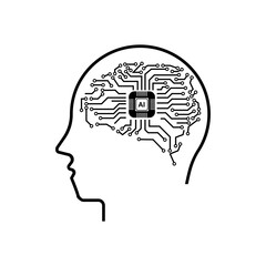 AI, artificial intelligence. Vector illustration of AI in the shape of a human head with an illustration of an artificial intelligence brain with editable and color-changeable technology lines.