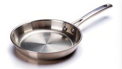 High-quality stainless steel frying pan with long handle and subtle rounded edges isolated on a clean white background.