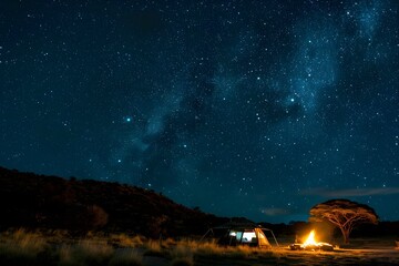 Fototapeta premium Starlit Night Sky Over Campsite With Campfire and Tent