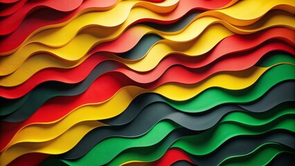 Obraz premium Vibrant abstract background featuring wavy arrangement of red, yellow, green, and black paper shapes evoking Pan-African cultural heritage.