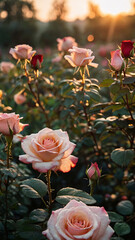beauty of a blooming rose garden at sunrise, with dew-kissed petals reflecting the soft morning light