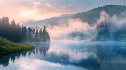 Fototapeta premium Misty Mountain Lake at Sunrise