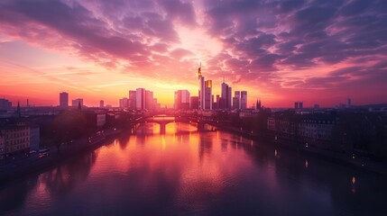 Obraz premium Cityscape at Sunset with Bridge and Reflection