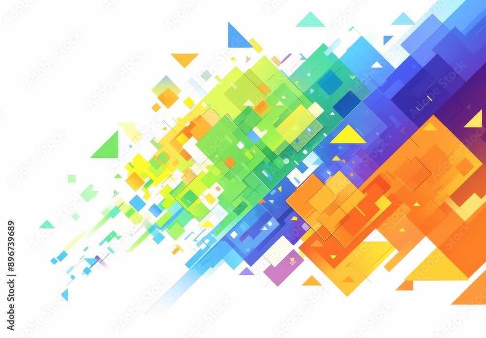 Poster colorful geometric shapes and triangles on a white background in a simple design with copy space