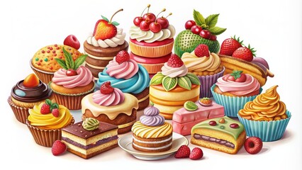 Whimsical vintage-style illustration of assorted colorful desserts and bakery goods on white background, reminiscent of nostalgic treats.