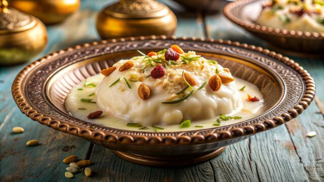 Richly textured, cream-drenched ras malai dessert delight, garnished with chopped nuts and cardamom, sits invitingly on a decorative plate.