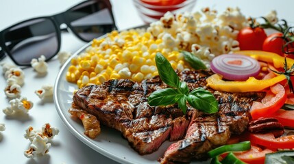 Grilled Steak with Vegetables and Popcorn for a Movie Night