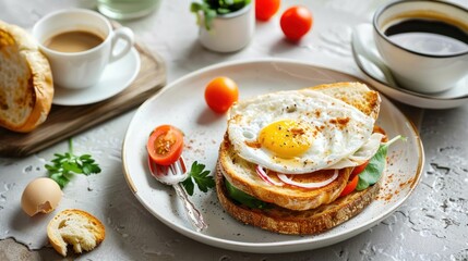 Delicious Breakfast Sandwich with Fried Egg, Tomato, and Spinach on Toast