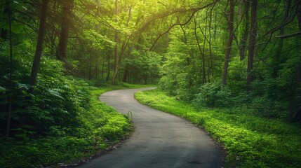 Naklejka premium Arrow-shaped road through a lush green forest, nature path and environmental awareness