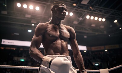A boxer stands in the ring, ready for the fight. AI.