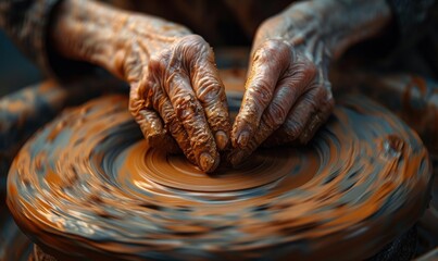 Hands shaping clay on a spinning wheel. AI.
