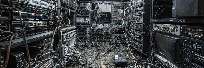 A tangled mess of cables and electronics. AI.