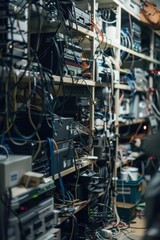 Fototapeta premium A messy rack of electronics and cables. AI.