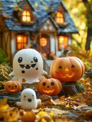 Cute ghosts and pumpkins are perfect for a spooky season display. AI.