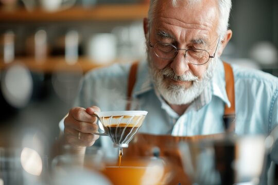 Tranquil Culinary Retirement: Senior Man Enjoying His Coffee Brewing Hobby