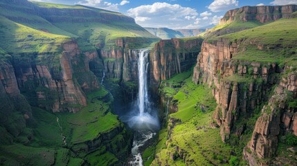 Majestic Waterfall Cascading Down Lush Green Cliffs