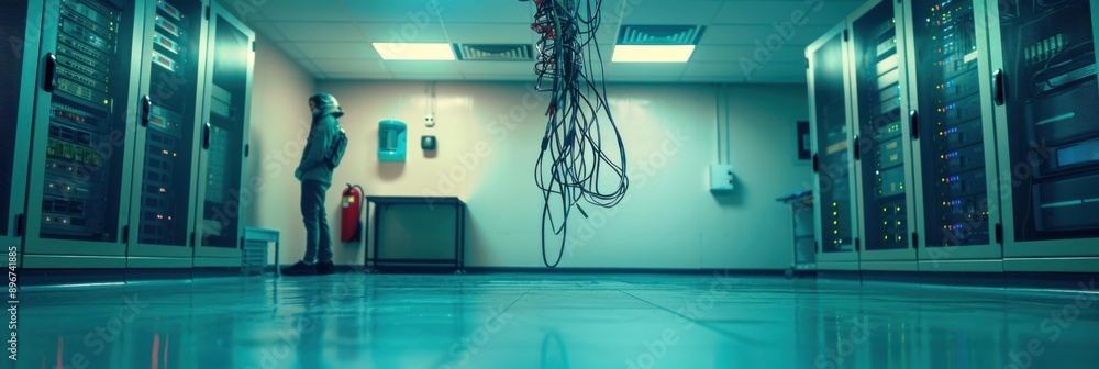 Poster a person standing in a server room with rows of servers. ai.