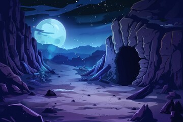 Mystical moonlight over rocky canyon revealing mysterious cave entrance