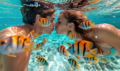 A couple kissing under water with a bunch of fish. AI.