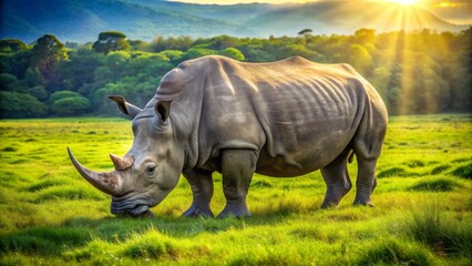 Obraz premium Large majestic rhino with wrinkled gray skin and sharp horn grazes peacefully in a lush green meadow under bright sunlight.