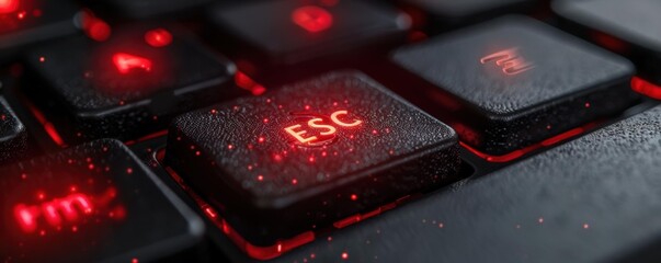 A close-up of a keyboard with the "ESC" key illuminated in red. AI.