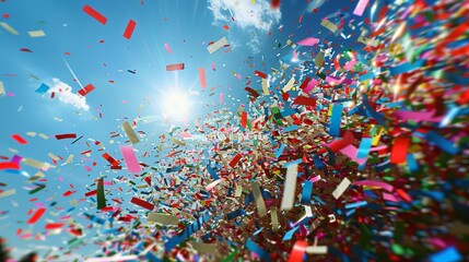 Confetti raining down at a celebration, festive party confetti explosion, dramatic and jubilant