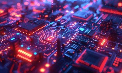 Fototapeta premium A close-up view of a circuit board with glowing red and blue lights. AI.