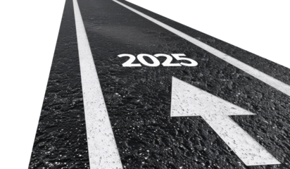 Asphalt road with arrow and number 2025, moving to the new year, isolated on transparent background