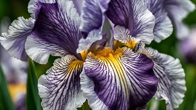 A purple-and-white iris flower with green leaves. The photo captures the detail in the petals. The colors stand out against a blurred background, making the flower look more beautiful