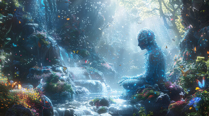 Mystical Guardian Amidst Fantastical Nature with Mythical Creatures and Magical Elements, Copy Space Background