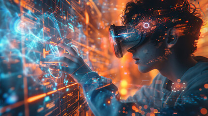 Immersed in the Future: Young Man Exploring Cyber Landscape with VR Headset Amid Holographic Elements