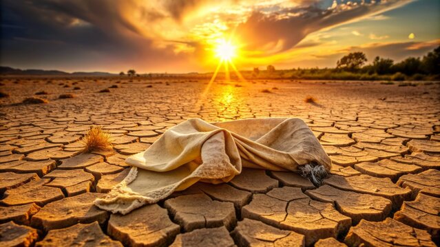 Scorching sunbeams blaze down on a crumpled, sweat-soaked towel abandoned on a parched, cracked earth amidst withered, lifeless vegetation.