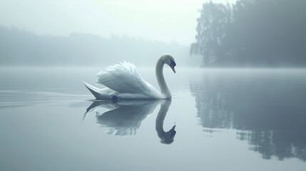 Fototapeta premium Graceful White Swan Gliding on Serene Lake - Peaceful Symbol of Freedom with Copy Space
