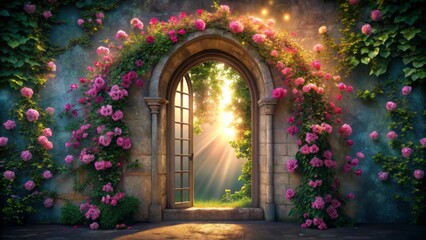 Ethereal curved arch window portal adorned with luminous pink flowers, evoking mystical fairy tale ambiance and ancient architectural mystique.
