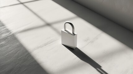 Naklejka premium White padlock on concrete floor in sunlight, minimalist security concept