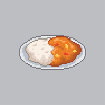 pixel art rice and curry on plate clip art preview