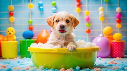 Adorable puppy surrounded by soft foam and rubber toys in a fun colorful bathroom setting with gentle water splashing.