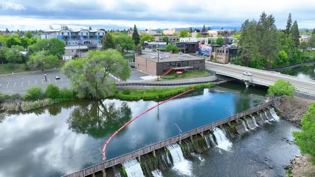 Aerial Fly Through Downtown Bend Oregon Deschutes River and Waterfalls