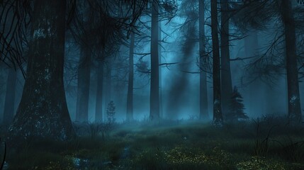 Fototapeta premium Dense fog engulfs a dark, eerie forest, where tall trees with thick trunks and sparse, twisted branches stand silently. The forest floor is a mix of overgrown grass, scattered small plants, and patche